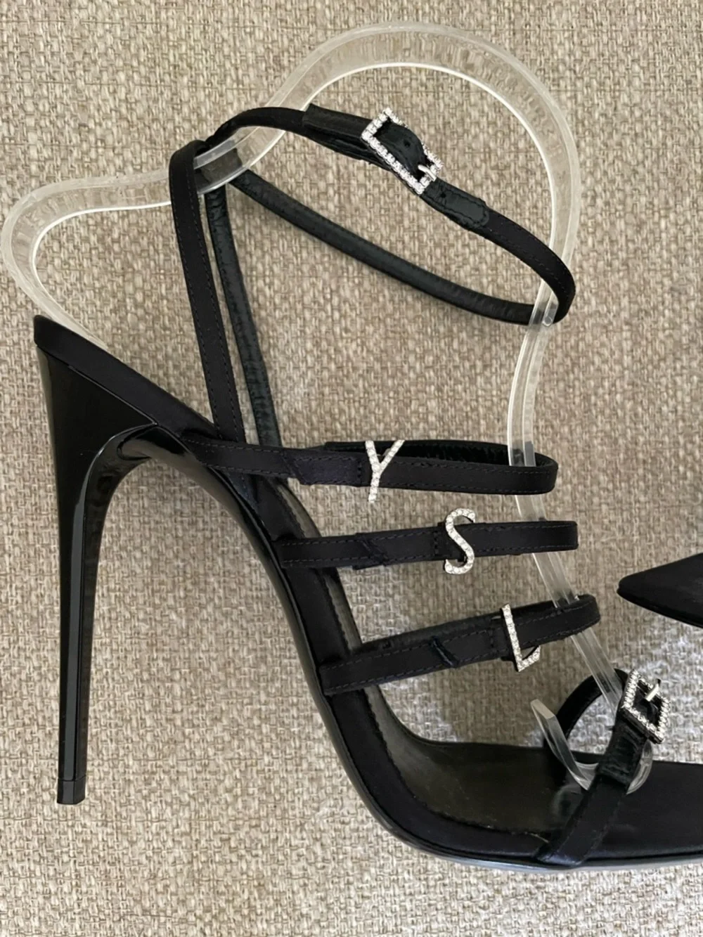 Saint Laurent Jerry Sandals Black Satin Rhinestone YSL Heels EU39 US9 NIB - Picture 5 of 16